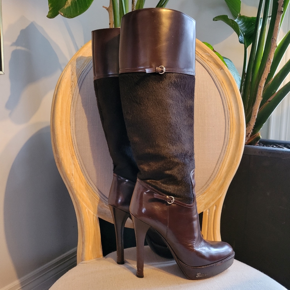 GUCCI pony and leather knee-high heeled boots - Picture 5 of 12